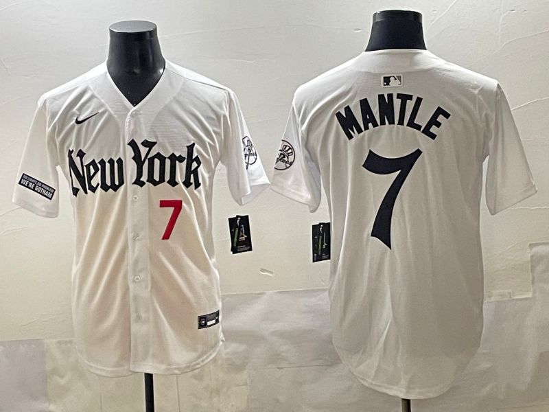 Men 2025 New York Yankees #7 Mantle White Five generations Joint Name Nike MLB Jersey style 3